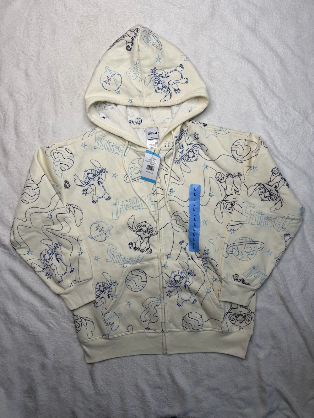 Disney Cream Hoodie with Blue Stitch embroidery